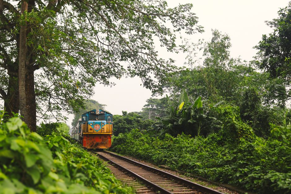An antique train travels through a vibrant green forest in Bangladesh, showcasing natural