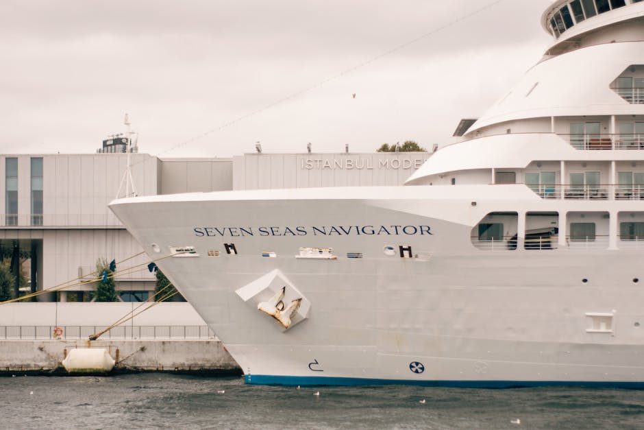 The Seven Seas Navigator docked at Istanbul Modern Museum, showcasing urban and maritime elegance.