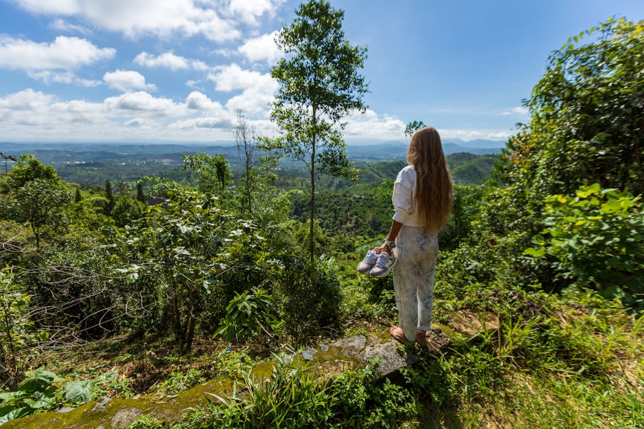 A woman enjoys a breathtaking view from a hilltop in Vietnam, surrounded by lush greenery.
