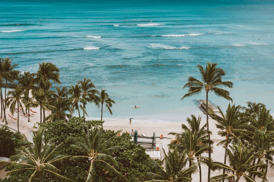 A stunning aerial photograph of a tropical beach with palm trees and turquoise waters, perfect for vacation inspiration.